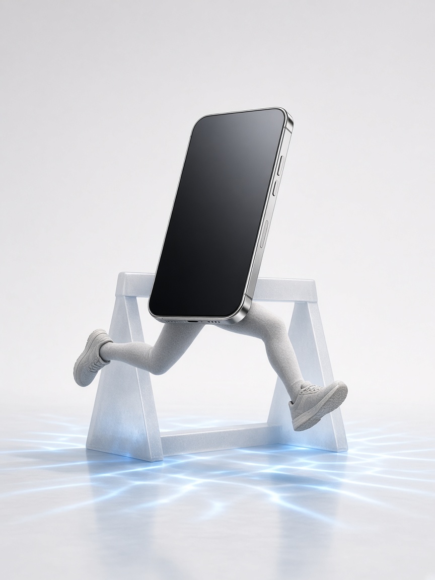 Смартфон в прыжке над стеклянным барьером - визуал мини-игры TelefoneS